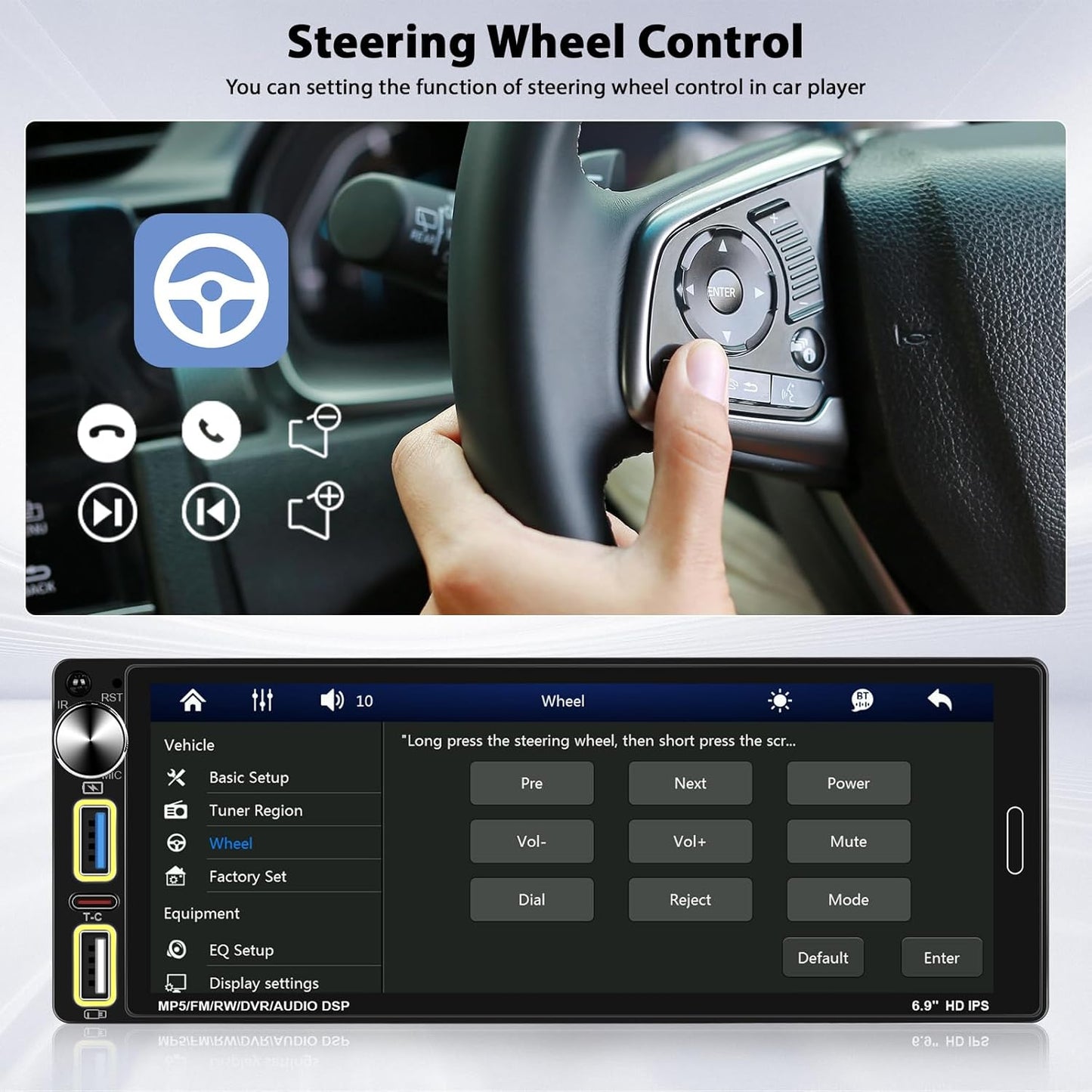 Carplay 1 Din Car Radio Compatible with Wireless Android Car 6.9 Inch Touch Screen Bluetooth Car Radio Supports Hands-free Mirror Link FM Radio/USB Type-C EQ with Rearview Camera - QUORE