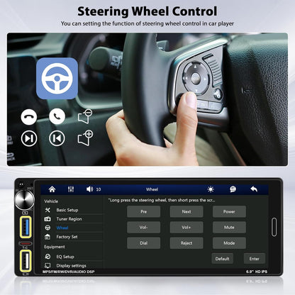 Carplay 1 Din Car Radio Compatible with Wireless Android Car 6.9 Inch Touch Screen Bluetooth Car Radio Supports Hands-free Mirror Link FM Radio/USB Type-C EQ with Rearview Camera - QUORE