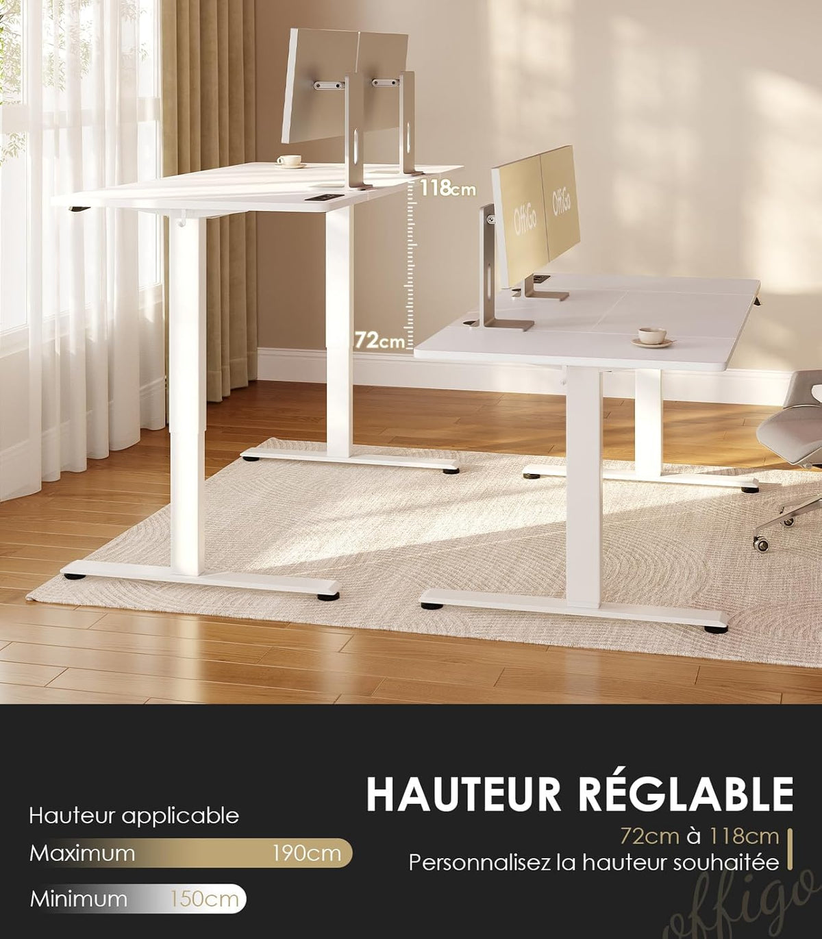 OffiGo Bureau Assis-Debout, 160 cm Elektrisch Bureau met Stopcontacten en USB, Standing Desk met 2 Geheugenstanden, Elektrische Tafel voor Thuis, Wit
