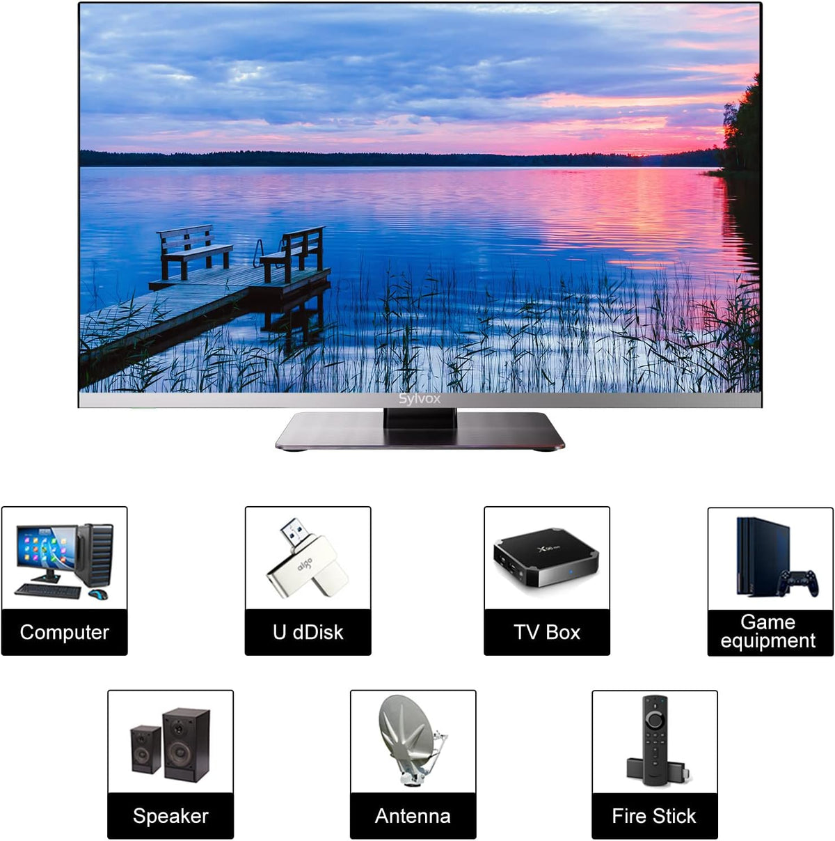 SYLVOX 32 inch smart-tv voor campers, Ingebouwde dvd-speler, Android TV Sat-satellietontvanger, 12 Volt voor camper en vrachtwagen 1080P FHD, ondersteunt wifi Bluetooth, 2 HDMI en 2 USB, frameloos