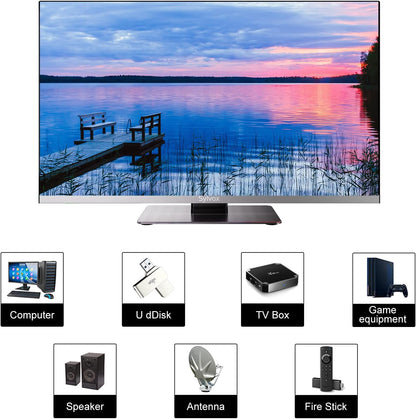 SYLVOX 32 inch smart-tv voor campers, Ingebouwde dvd-speler, Android TV Sat-satellietontvanger, 12 Volt voor camper en vrachtwagen 1080P FHD, ondersteunt wifi Bluetooth, 2 HDMI en 2 USB, frameloos
