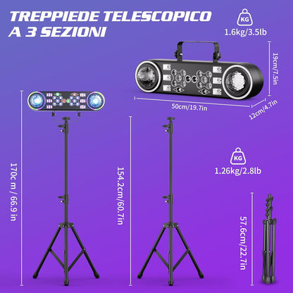 7-in-1 disco partylicht, DJ-licht, partylicht met telescoopstatief en draagtas, DJ stroboscooplicht met afstandsbediening voor Kerstmis, thuisfeest, discoparty, Halloween
