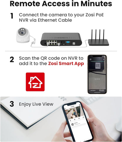 ZOSI 2,5K PoE Bewakingscamera voor Buiten, 8CH 5MP NVR met 2TB HDD, 4X 4MP PoE Dome Camera Bewaking Set met Audio, Persoonsherkenning, 100ft Nachtzicht, C220