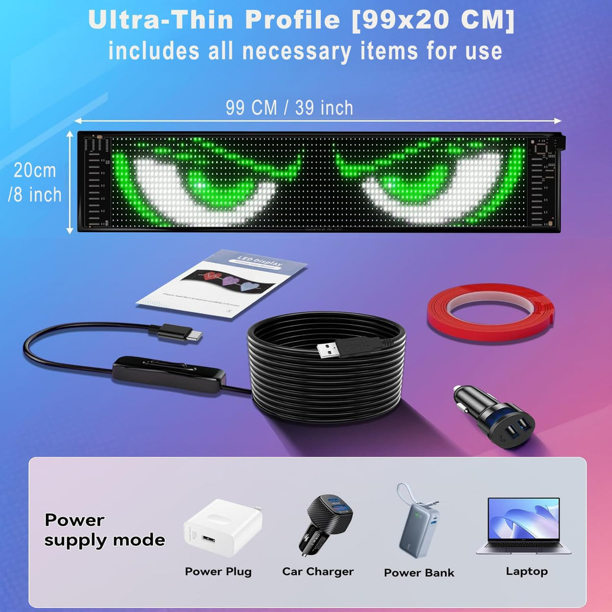 Flexibel led-displaybord, 99 x 20 cm, programmeerbaar RGB-loopschrift via Bluetooth Smart app, full-colour Devil Eyes Matrix paneel, voor autostyling, bar, reclame, restaurant, winkel, feestdecoratie