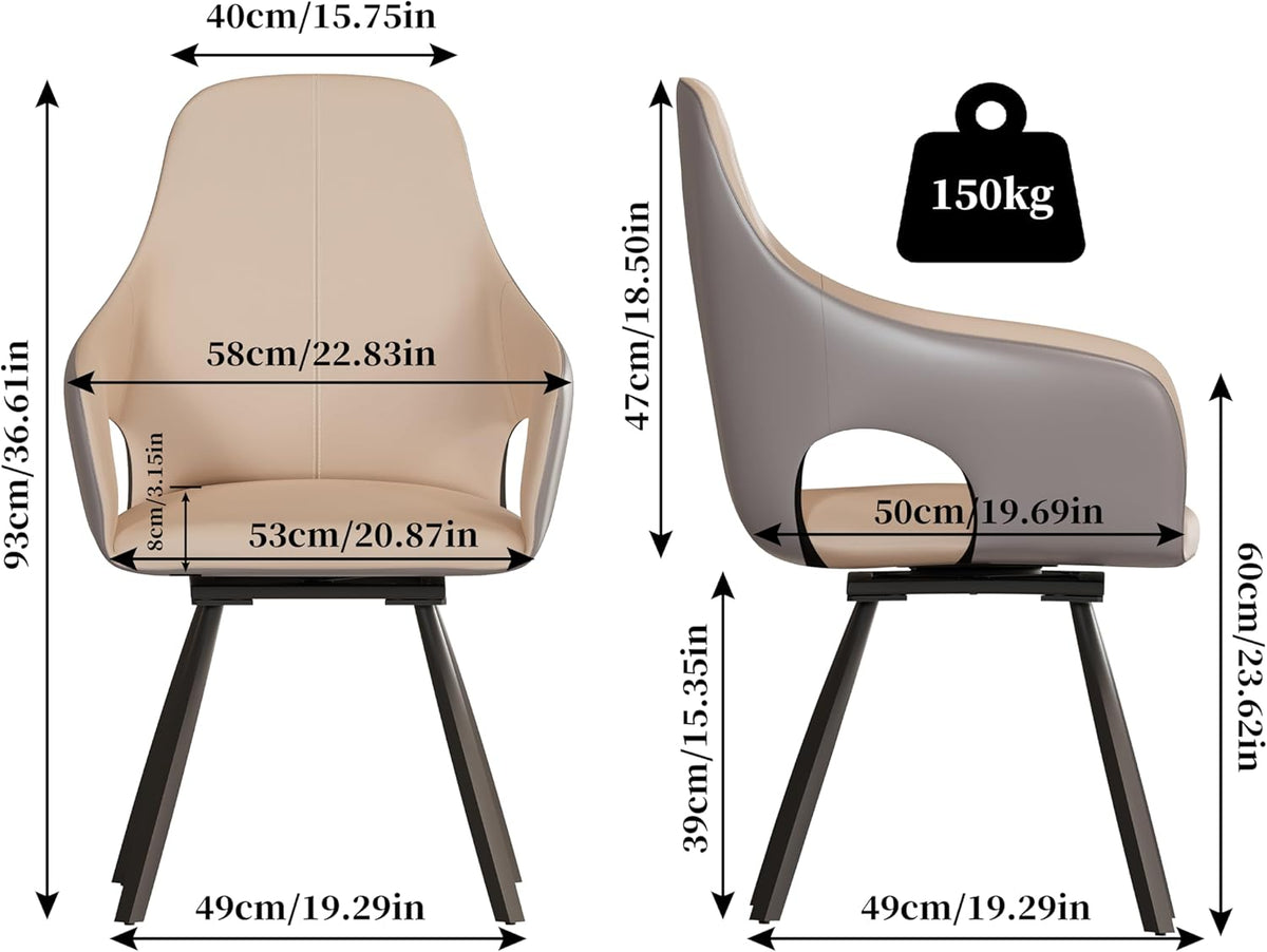 FATIVO Swivel Dining Chairs Set of 2 Leather Kitchen Chairs with Armrest Swivel Chairs Dining Room for Dining Table Beige Grey Modern Dining Chair Set of 2 Luxury Chairs Load Capacity 150 kg - QUORE