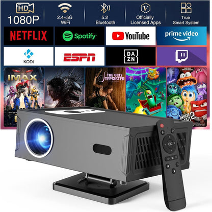 beamer Full HD 1080P Ondersteuning 4K, Smart Projector 4K met WiFi 6 BT 5.0, Mini beamer Ondersteunt Automatische Horizontale Keystone Correctie en Remote Focus