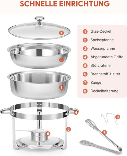 Wilprep Chafing dish rond met glazen deksel, Buffet set van 2, RVS voedselwarmer kit 5,5 liter, Bain Marie met brandpasta houder, voor partijen buffetten banketten diners