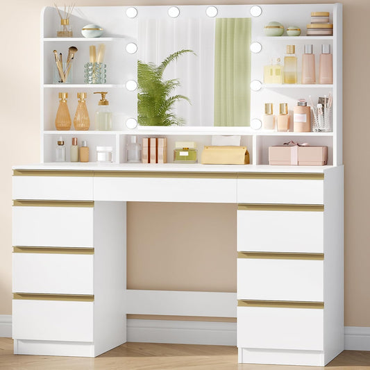 Hzuaneri Large Dressing Table with LED Lighting, 10 LED Globes, 3 Colors, Adjustable Brightness, Dressing Table with Mirror, 9 Drawers, 9 Open Shelves, Modern Style, White-GoldDT35703X