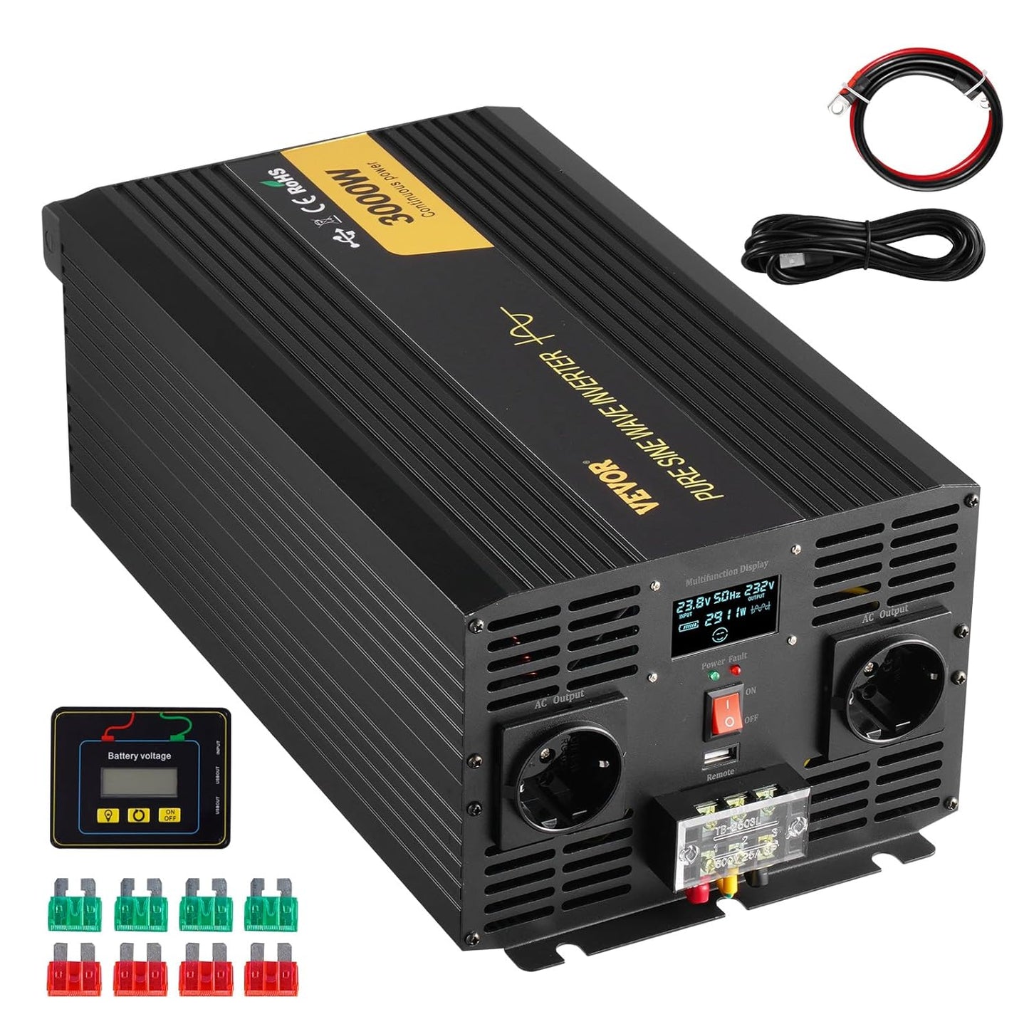 VEVOR Pure sinusomvormer, 3000 W DC 24 V naar AC 230 V, auto-omvormer met lcd-scherm, USB-poort afstandsbediening voor camper, zonne-systeem, reizen, camping