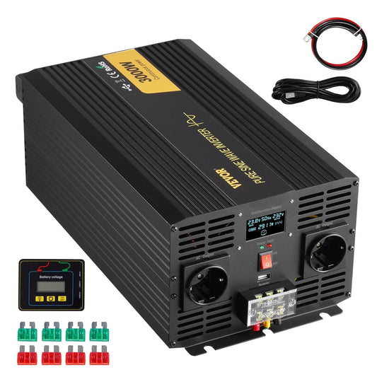 VEVOR Pure sinusomvormer, 3000 W DC 24 V naar AC 230 V, auto-omvormer met lcd-scherm, USB-poort afstandsbediening voor camper, zonne-systeem, reizen, camping