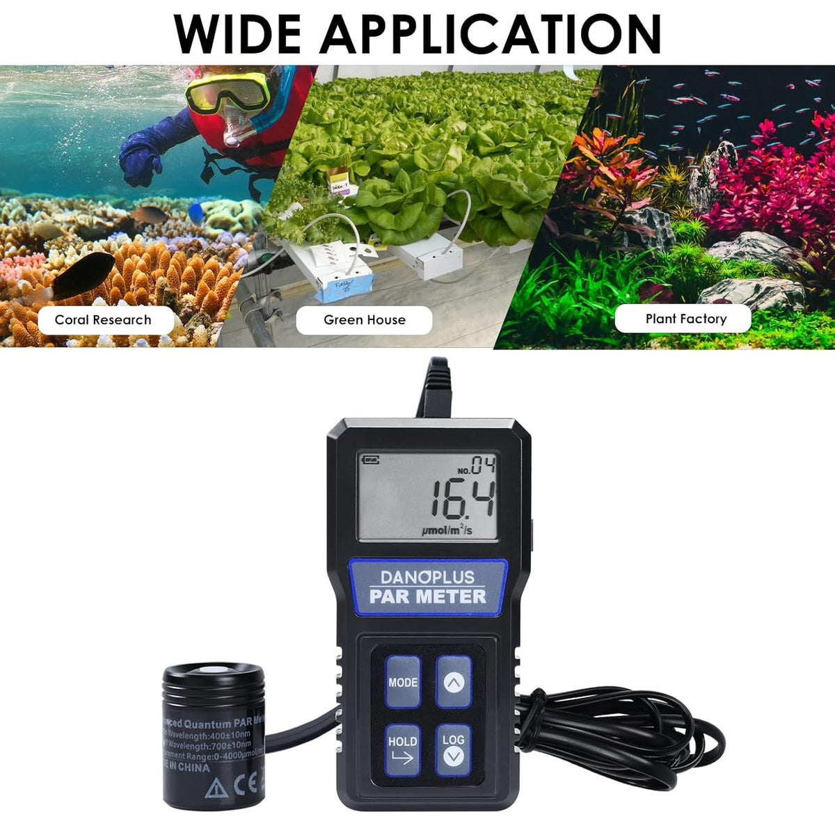 Quantum PAR Meter, Waterdichte PAR Meter voor Rif Tank Aquarium Planten IP68 Quantum Sensor Full-Spectrum PPFD Meter Data Logger, 79“ Kabel en 37” Stevige Telescopische Pool inbegrepen