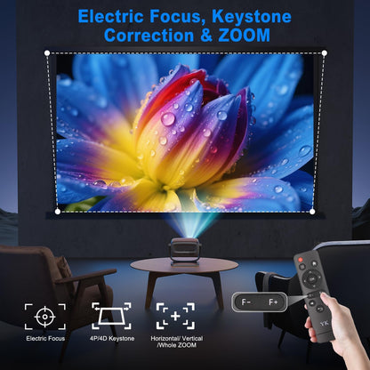 Beamer 4K [elektrische focus/180° draaien] 26.000Lux thuisbioscoop projector met wifi 6 en Bluetooth, Zoom, trapeziumcorrectie, native 1080p, overheadprojector voor iOS/Android smartphone