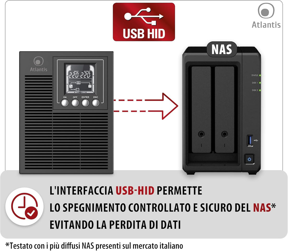 ATLANTIS A03-OP1002 UPS Ononderbroken stroomvoorziening Server Tower On Line dubbele converter 1000 VA 900 W, LCD-display, USB, serieel RS-232, 4 IEC-uitgangen, EPO, SNMP-sleuf, met 2 accu's 12V-9Ah, zwart