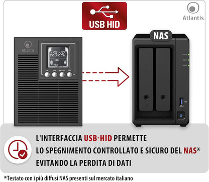ATLANTIS A03-OP1002 UPS Ononderbroken stroomvoorziening Server Tower On Line dubbele converter 1000 VA 900 W, LCD-display, USB, serieel RS-232, 4 IEC-uitgangen, EPO, SNMP-sleuf, met 2 accu's 12V-9Ah, zwart