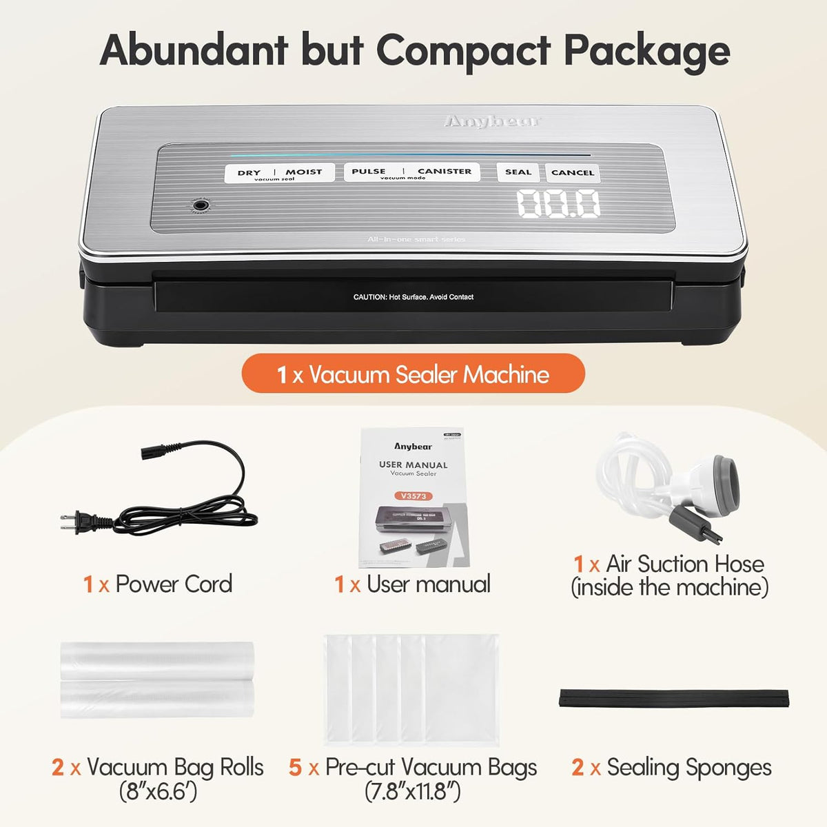 Vacuümmachine, 90 kPa 100 W, krachtige brede afdichting, voedselopslag, ingebouwde snijder, zakopslag, digitaal countdown-display, 2 rollen zakken (zilver)