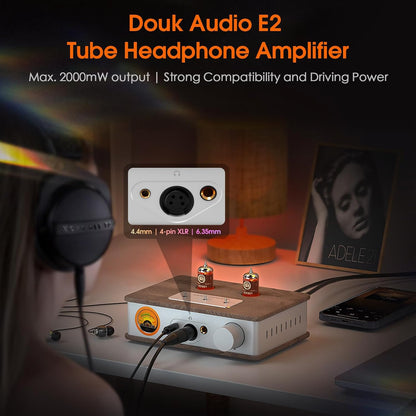 Douk E2-buizen hoofdtelefoonversterker met XLR/4,4 mm/6,35 mm/RCA uitgangen, hifi-stereo voorversterker met VU-meetapparaat voor hoofdtelefoon, thuisversterker, actieve luidsprekers