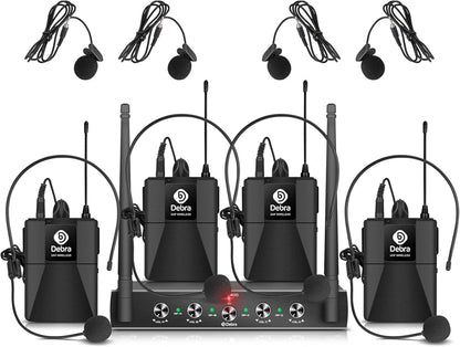 Debra Audio Pro UHF Draadloos 4-Kanaals Microfoonset met Lavalier en Headset, Metalen Ontvanger voor Karaoke en Kerk (B-frequentie)