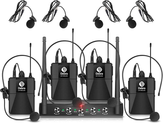 Debra Audio Pro UHF Draadloos 4-Kanaals Microfoonset met Lavalier en Headset, Metalen Ontvanger voor Karaoke en Kerk (B-frequentie)
