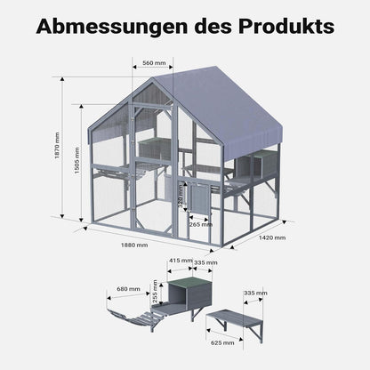 Wiltec kattenren 140 x 187 x 187 cm, buitenverblijf voor katten, speelkooi van dennenhout, kattenkooi voor speelruimte voor katten en huisdieren, kattenvolière met waterdicht dak