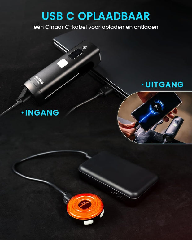 Fietslamp - Fietslicht - Fietsverlichting Set - Oplaadbaar - met 1500 Lm Koplamp - Smart Achterlicht - 5 Helderheidsniveaus - USB-C - voor Road - Mountain - Urban Fietsen - Strap Mount - IPX7-Waterdicht - Zwart en Rood
