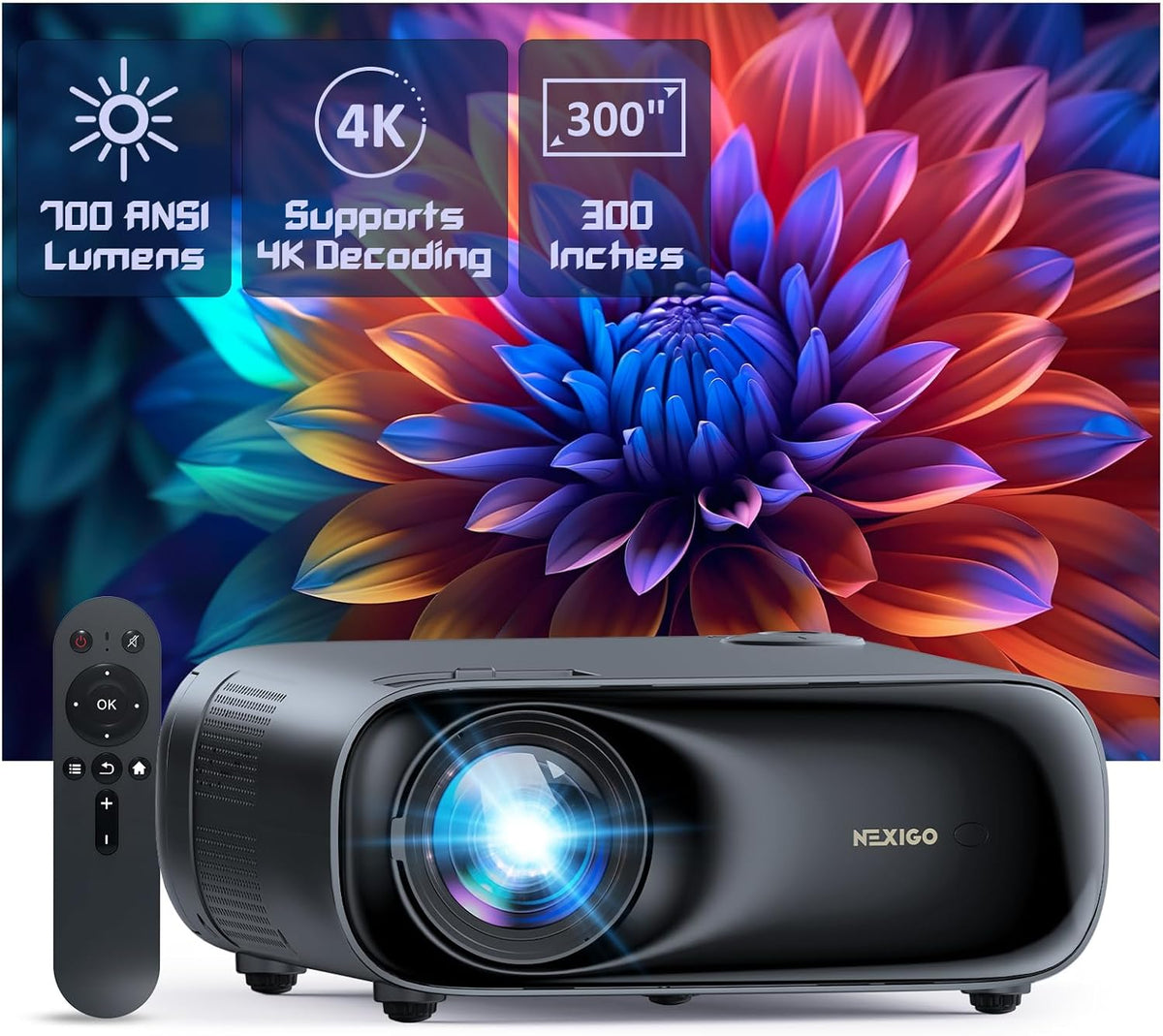 NexiGo PJ40 (Gen 3) Projector met WiFi en Bluetooth, D65 Gekalibreerd, Native 1080P, Ondersteuning voor 4K, Projector voor Buitenfilms, 20W Speakers, Compatibel met TV Stick, iOS, Android
