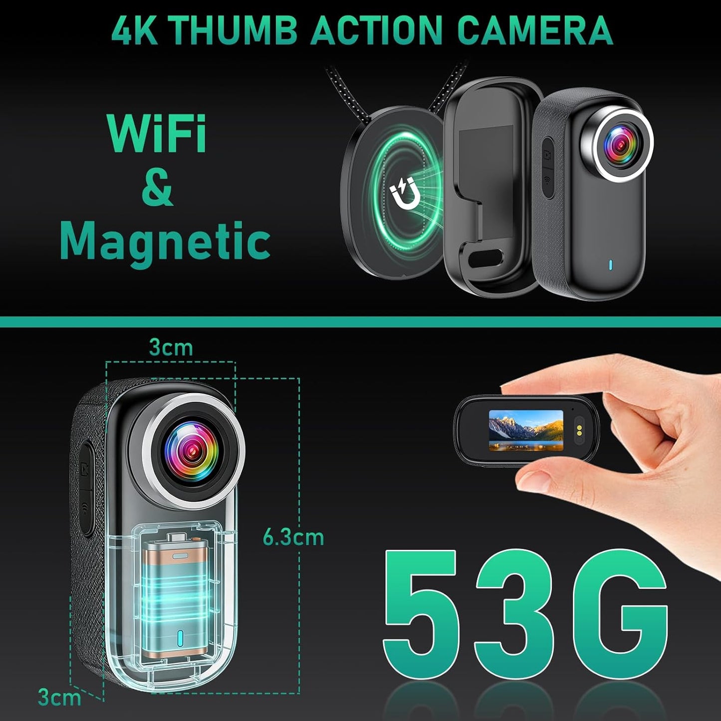 Actiecamera, wifi, 4K, waterdichte mini-actie-helmcamera, 150 graden wifi, sportactiecamera met 1,47 inch display, magnetische duim-lichaamscamera, kleine actiecamera voor motorfiets en fiets