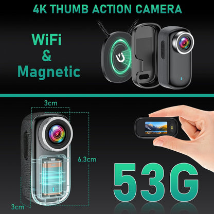 Actiecamera, wifi, 4K, waterdichte mini-actie-helmcamera, 150 graden wifi, sportactiecamera met 1,47 inch display, magnetische duim-lichaamscamera, kleine actiecamera voor motorfiets en fiets