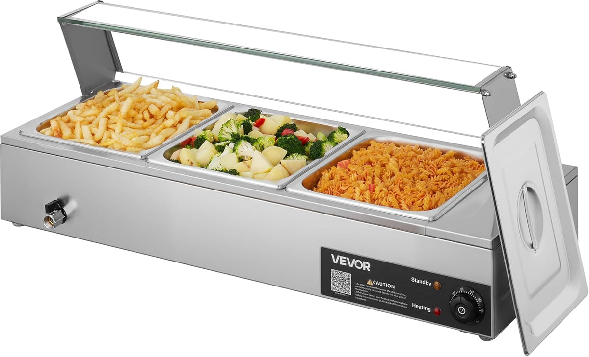 Voedselwarmer – Elektrische Warmer – Buffetverwarmer – Warmhoudpan – Stoomtafel – Roestvrij Staal – 1500 W – 3 Containers met Glazen Deksel