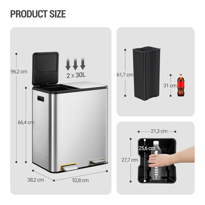 Hzuaneri Kitchen Waste Bin, Waste Separation System (2 x 30 litres), Stainless Steel Kitchen Waste Bin with Color Coded Pedal, Silent and Slow Baging, Includes 15 Waste Bags, Silver Color SW23099E