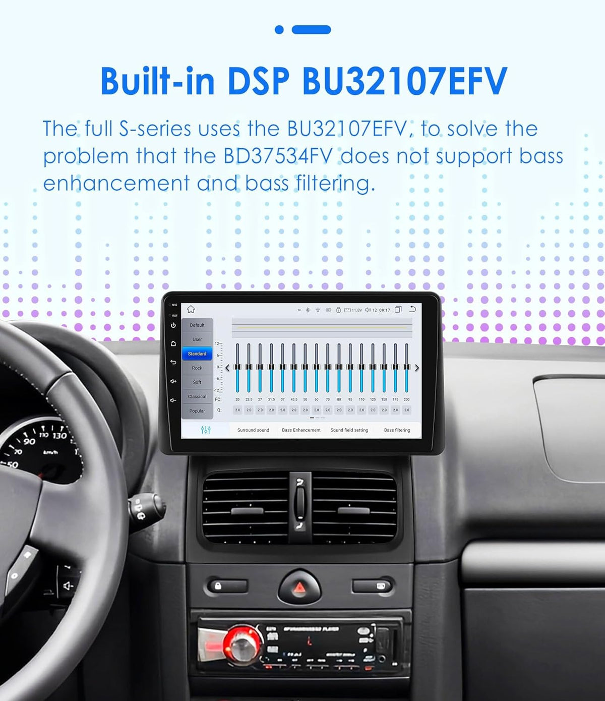 Ossuret Android 14 autoradio voor Renault Clio 2 2000-2012, 8-Core 4G + 32G GPS Navi 9 inch QLED-touchscreen display met CarPlay Bluetooth WiFi 4G LTE SWC DSP RDS