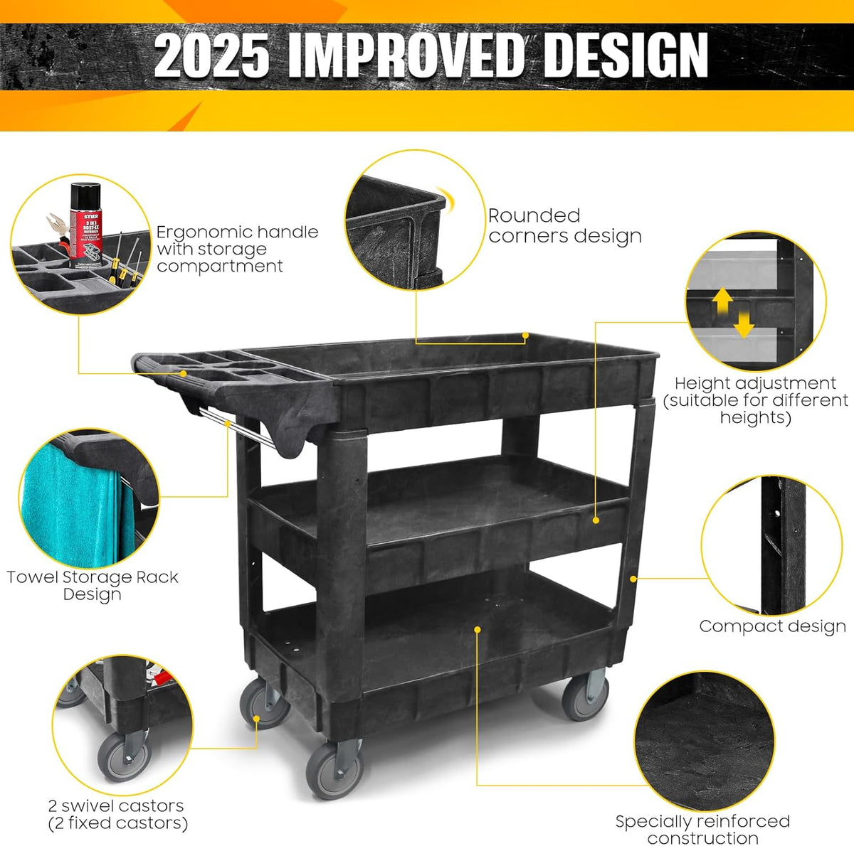 Opbergkar – Gereedschapswagen, Opbergwagen, Servicekar, Rollende Kar – 3-Laags, 2-In-1 Verstelbaar – Tot 259 Kg Draagvermogen, 5 Inch Zwenkwielen Met Rem