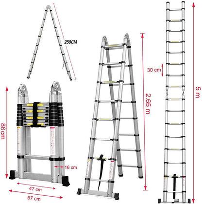 Nictemaw Multifunctionele ladder, 2-in-1 vouwladder, 5 m, telescopische ladder van aluminium, 150 kg belastbaarheid, 16 sporten