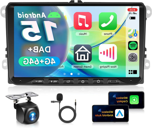DAB+ 4G + 64G Car Radio, Android 15, for VW Golf 5, 6, Passat, Jetta, Caddy, EOS T5, Tiguan, Touran, CC Polo, 9 Inch IPS Touch Screen with Wireless Carplay Android Car GPS Wi-Fi TYPE-C - QUORE
