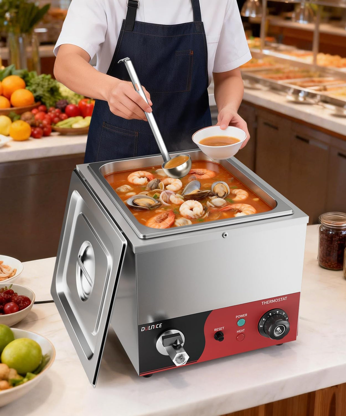 Bain Marie Elektrisch GN 1/2 met reset, elektrische voedselverwarmer, 600 W, roestvrij staal, met afvoerkraan voor feestjes, catering en restaurants, 30-85 °C