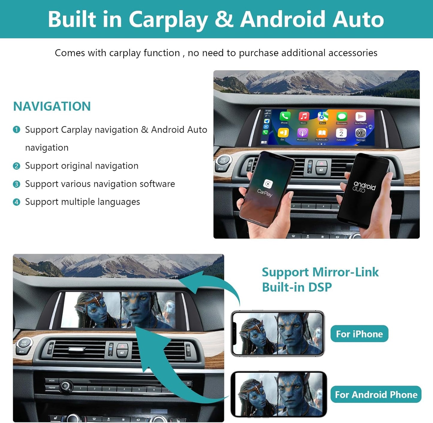 Ninetom 10,25" Apple CarPlay/Android Auto/Mirrorlink/GPS autoradio voor BMW 5-serie F10/F11 2012-2016 met NBT autoradio met touchscreen, auto-GPS-navigatie, ingebouwde DSP