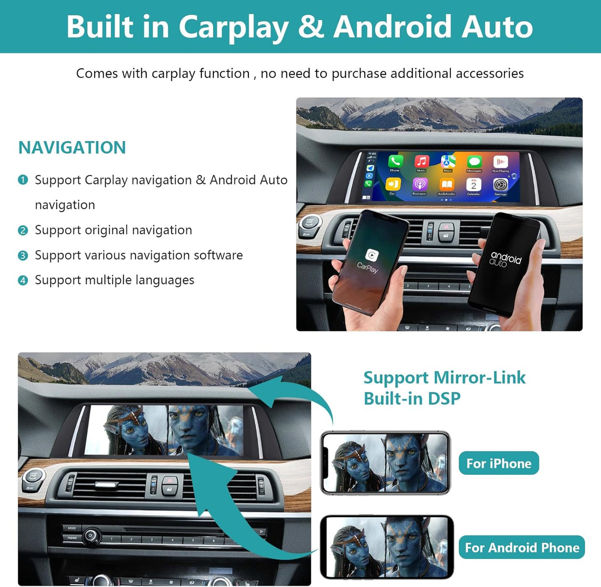 Ninetom 10,25'' Autoradio, Apple CarPlay/Android Auto/Mirrorlink/GPS voor 2010-2012 BMW 5 Serie F10/F11 met CIC Touchscreen-autoradio, GPS-navigatie voor de auto, geïntegreerde DSP