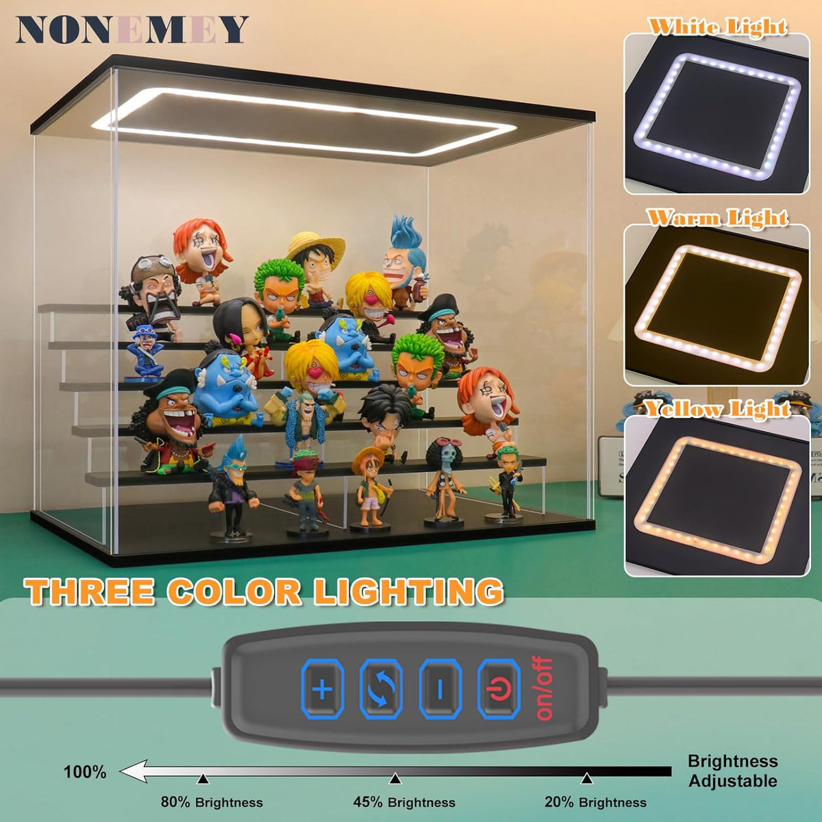 Nonemey Transparante Acryl Vitrinestandaard met Led Licht, 2/3/4/5/6 Lagen Opslag Vitrine Stofdichte Organisator Acryl Doos voor verzamelobjecten Beeldjes (Zwart, 6Tier-49*30*40 cm)