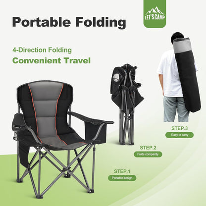 LET'S CAMP Campingstoel, klapstoel, opvouwbaar, oversized visstoel met bekerhouders, koeltas, vouwstoel, outdoorstoel, tot 200 kg, set van 2