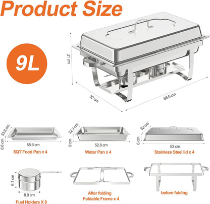 NArra 4-delig Chafing Dish Buffet Set, 9L Rechthoekige Catering Serveerplateaus van Roestvrij Staal met Voedselbak, Voedselwarmer met Opvouwbare Lijst voor Feesten, Diners, Catering, Bruiloften