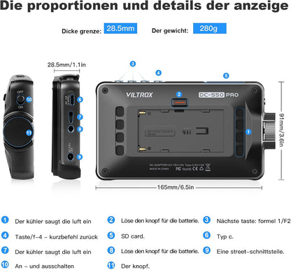 Camera Field Monitor – Cameramonitor – Videomonitor – Veldmonitor – HDMI-Monitor – 5,5 Inch Met Accu En Zonnekap – 1200 Nits Helderheid – 4K HDMI In/Out