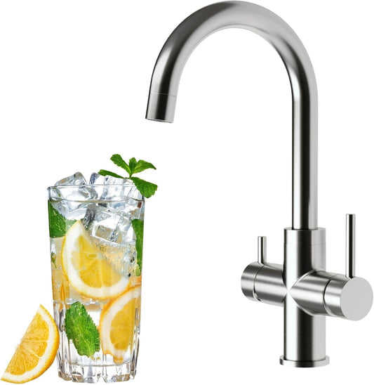 AORA® Urban Inox 4-weg waterkraan van roestvrij staal, 360° draaibare keukenkraan van massief 304 roestvrij staal, spoelbakarmatuur voor waterfilter, osmose-installaties, waterfilterkraan, C-uitloop