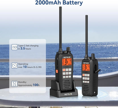 Retevis RM15 VHF Maritieme Radio, IP68 Waterdichte Walkietalkie met Microfoon, 2000 mAh, Tweekleurig Scherm, Internationale Maritieme Kanalen, voor Vissersboten (1 Verpakking)