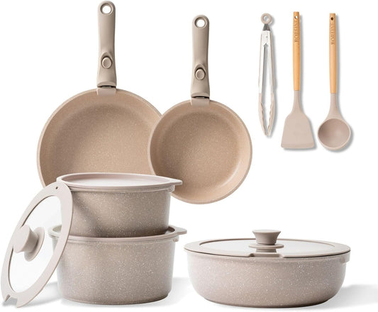 BOREINE Cooking Set Induction, 14-Piece Pans Set with Non-stick, Frying Pan and Cooking Pan for All Heat Sources, Oven-Safe, Detachable Handle, Brown