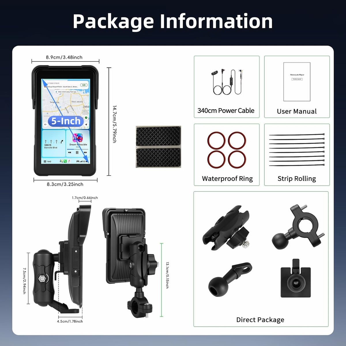 Carplay motorfiets scherm met navigatie, draagbaar 5 inch waterdicht touchscreen met draadloos CarPlay en Android auto motorfiets, bluetooth, EQ, kalibratie aanraken + SWC