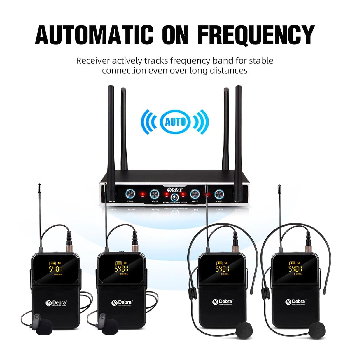 D Debra UHF draadloos microfoonsysteem, 4x16 instelbare kanalen, bodypack-zender, headset microfoon, 80m bereik, ideaal voor vergaderingen, kerkdiensten, toespraken, feesten (4 bodypacks)
