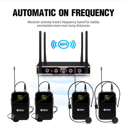 D Debra UHF draadloos microfoonsysteem, 4x16 instelbare kanalen, bodypack-zender, headset microfoon, 80m bereik, ideaal voor vergaderingen, kerkdiensten, toespraken, feesten (4 bodypacks)