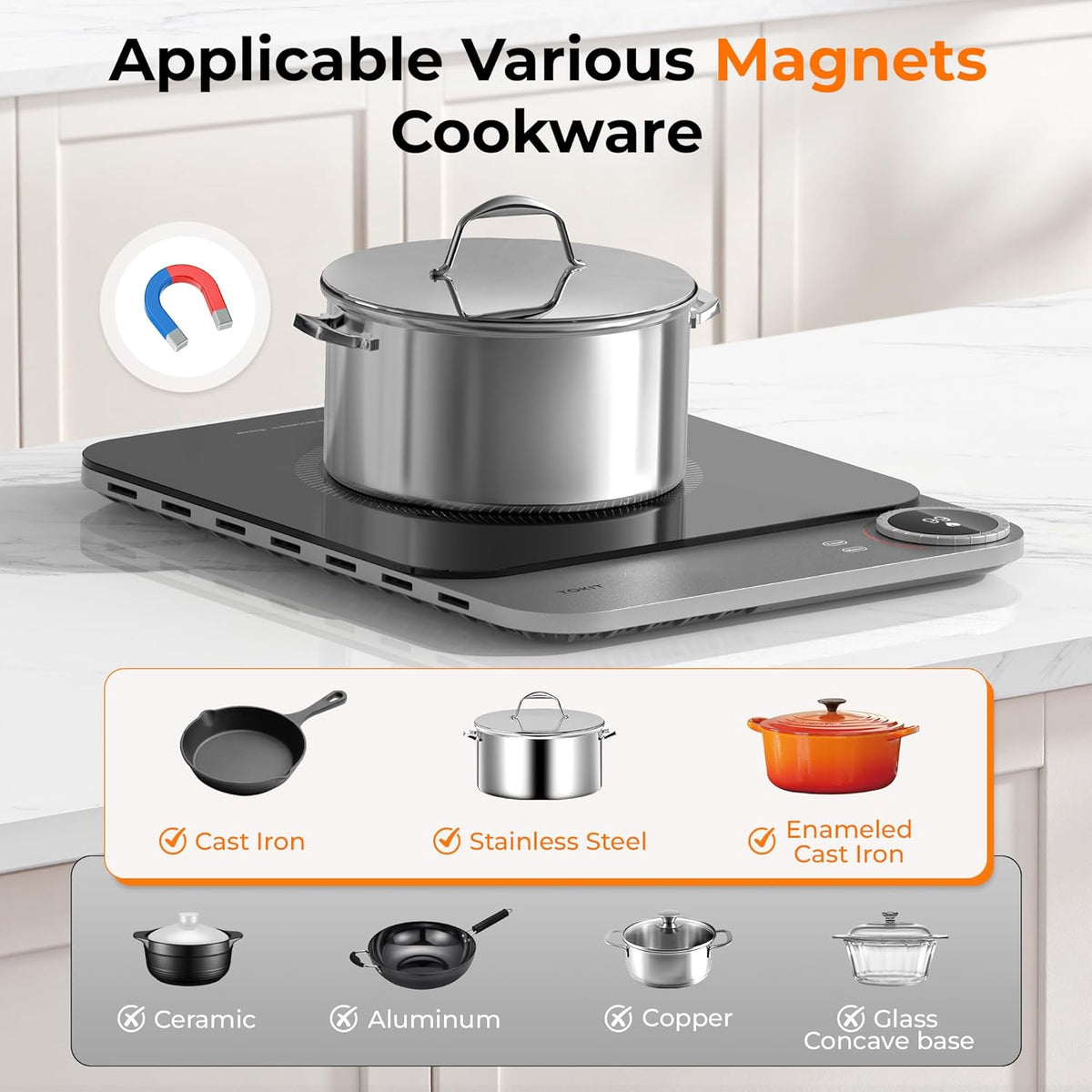 TOKIT Inductiekookplaat, 2100 W, enkele inductiekookplaat, draagbaar, 99 vermogensniveau, met oled-display, timer, 20 mm, ultradunne app-controle, temperatuursensor, van glas