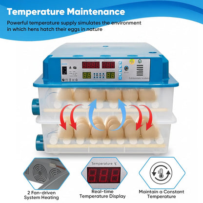 volautomatische broedmachine voor 120 eieren,met automatische keer- en vochtigheidsbewaking,temperatuurregeling,5 broedstanden geschikt voor kippen-,eenden-,ganzen- en kwarteleitjes (blauw)
