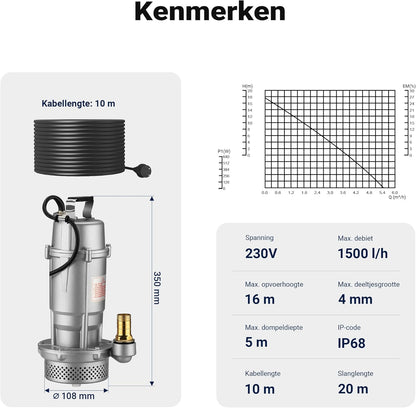 Vuilwaterpomp 370W 1500l/h dompelpomp incl. 20m slang bouwpomp pomp