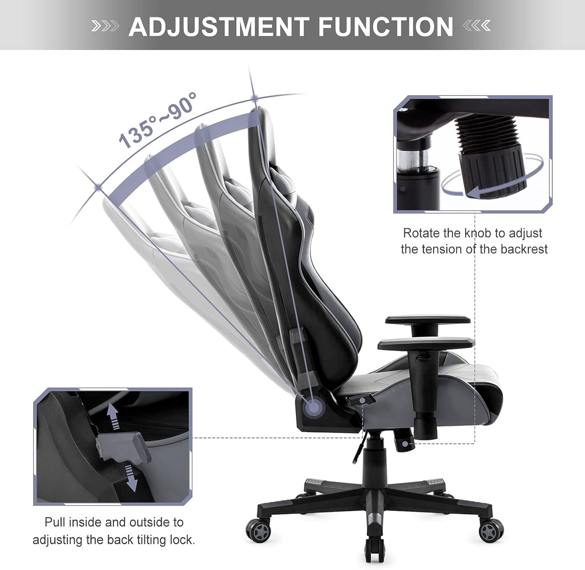 IntimaTe WM Heart Gaming stoel, ergonomische bureaustoel, verstelbare bureaustoelen, verstelbare racestoelen, pc-gamingstoel met hoge rugleuning met armen en rugsteun,52 * 54 * 14,Grijs